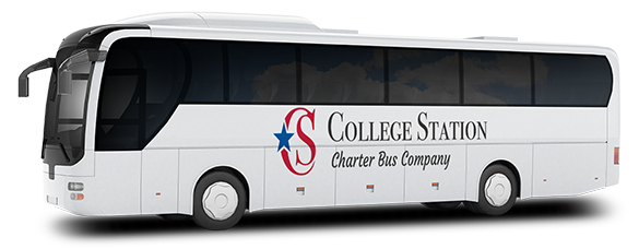 a plain white charter bus with a college station charter bus company logo on it